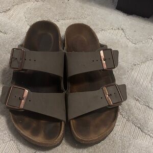 Birkenstock Taupe Sandals with Rose Gold Buckles